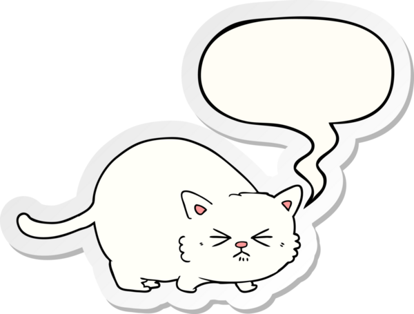 Bir insan tarafından çizilmiş konuşma balonu çıkartmalı kızgın kedi çizgi filmi.