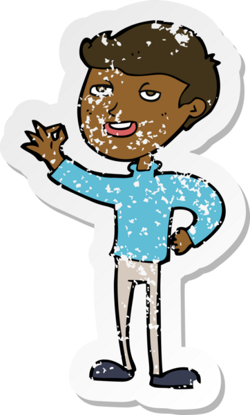 Bir insan tarafından çizilmiş mükemmel bir jest yapan karikatürcü bir adamın gerilimli retro yapıştırması.