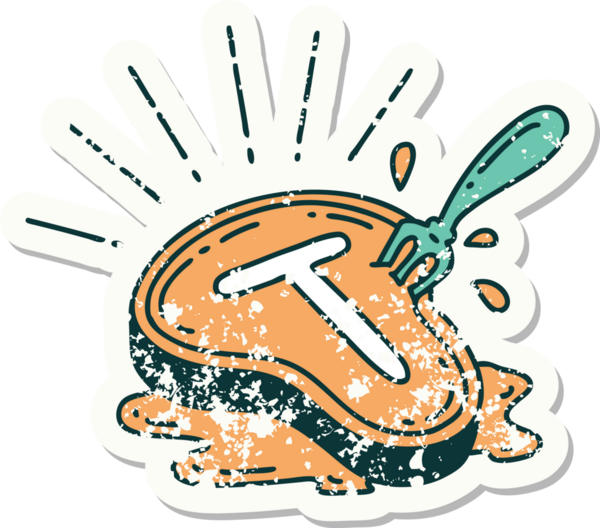 Bir insan tarafından çizilmiş eski bir dövme stili biftek ve çatal.