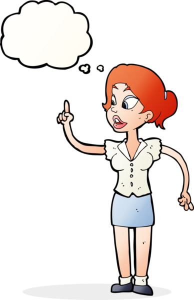 Bir insan tarafından çizilmiş düşünce baloncuğuyla harika bir fikri olan çizgi film kadını.