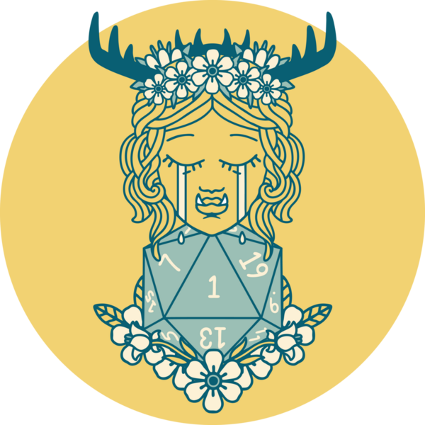 Retro Dövme Tarzı Hüzünlü Yarı Ork Druid Karakteri Bir zar bir insan tarafından çizilmiş