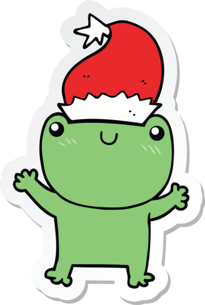 Bir insan tarafından çizilmiş Noel şapkası takan sevimli bir kurbağanın çıkartması.