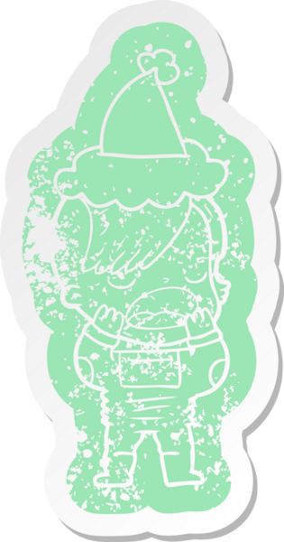 Uzay giysisi giymiş havalı bir hippi kızın Noel Baba şapkası takmasının sıkıntılı bir karikatürü.