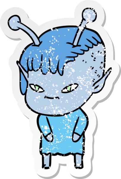 Bir insan tarafından çizilmiş sevimli uzaylı bir kızın sıkıntılı çıkartması.