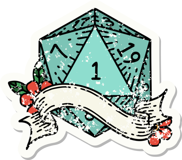 Bir insan tarafından çizilmiş doğal bir d20 zarının grunge çıkartması.