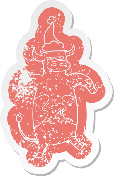 Bir insan tarafından çizilmiş Noel Baba şapkası takan bir boğanın garip karikatürü.