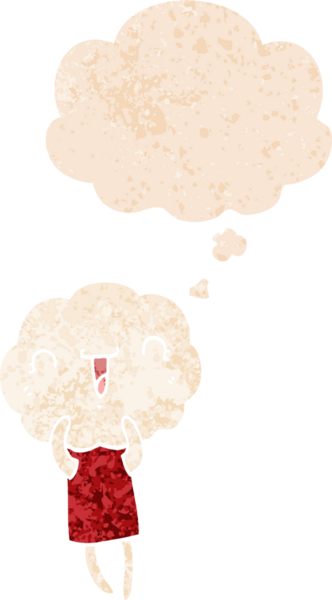 Düşünce baloncuğu ve grunge dertli retro desenli bir insan tarafından çizilmiş şirin çizgi film başlıklı yaratık.