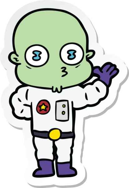 Bir insan tarafından çizilmiş garip, kel bir uzay adamının çıkartması.