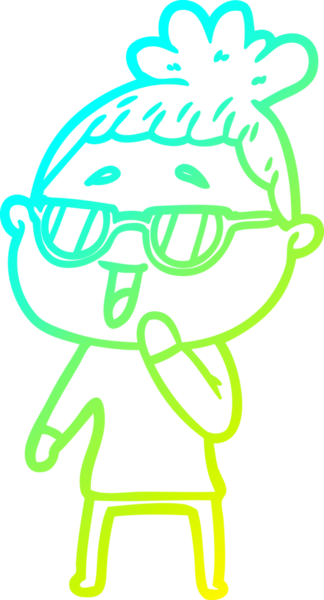 Bir insan tarafından çizilmiş gözlük takan mutlu bir kadının çizgi film çizimi.