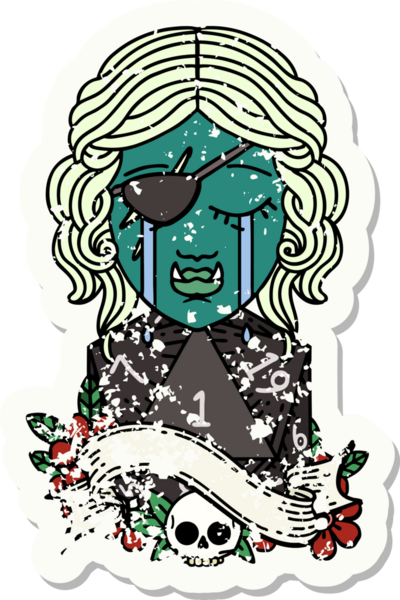 Retro Dövme Tarzı Ağlayan Ork düzenbaz karakter yüzü ve bir insan tarafından çizilmiş doğal bir D20 rulo