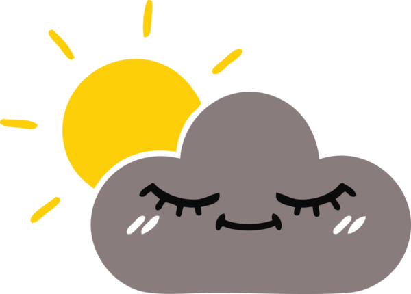 Bir fırtına bulutu ve bir insan tarafından çizilen güneşin düz renkli retro karikatürü