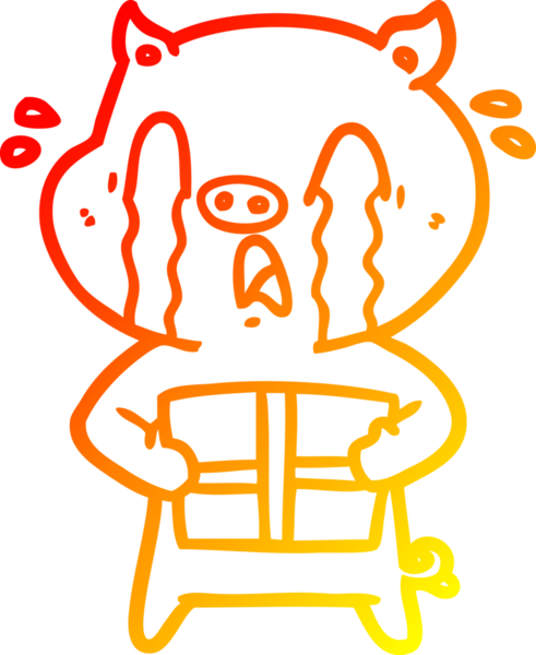 Bir insan tarafından çizilmiş Noel hediyesini getiren ağlayan bir domuz çizgi filminin sıcak gradyan çizimi