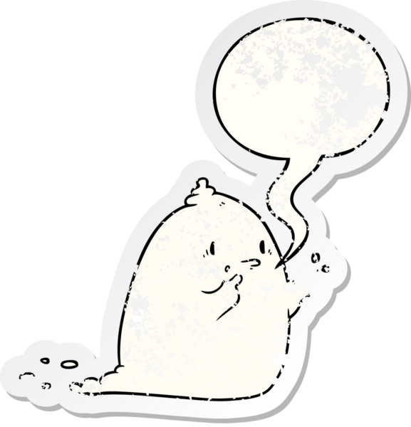 Konuşma baloncuğu olan karikatür hayaleti bir insan tarafından çizilmiş sıkıntılı eski bir çıkartma.