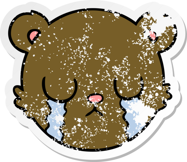 Sevimli bir oyuncak ayı suratının hüzünlü çıkartması bir insan tarafından çizilmiş.