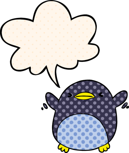 Çizgi roman tarzında kanat çırpan sevimli penguen bir insan tarafından çizilmiş konuşma baloncuğu.