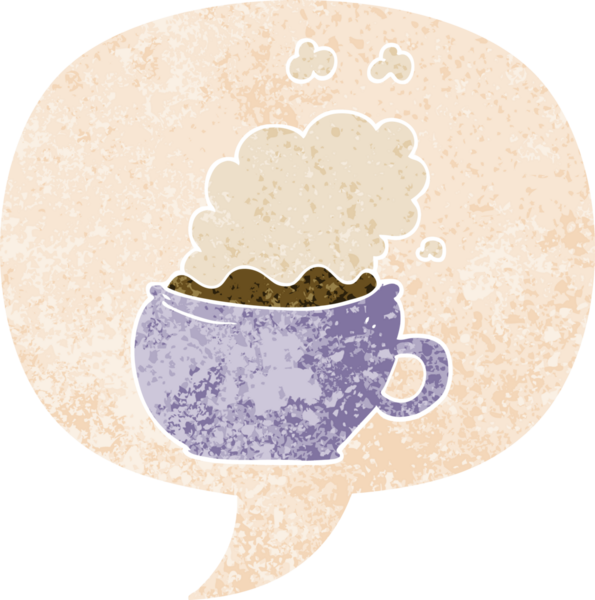 Bir insan tarafından çizilmiş, grunge 'de konuşma baloncuğu olan sıcak bir fincan çizgi film kahvesi.