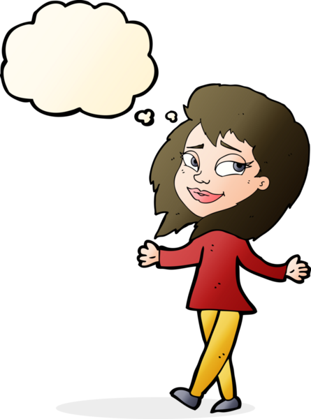 Stressiz kadın çizgi filmi. Düşünce balonu insan tarafından çizilmiş.