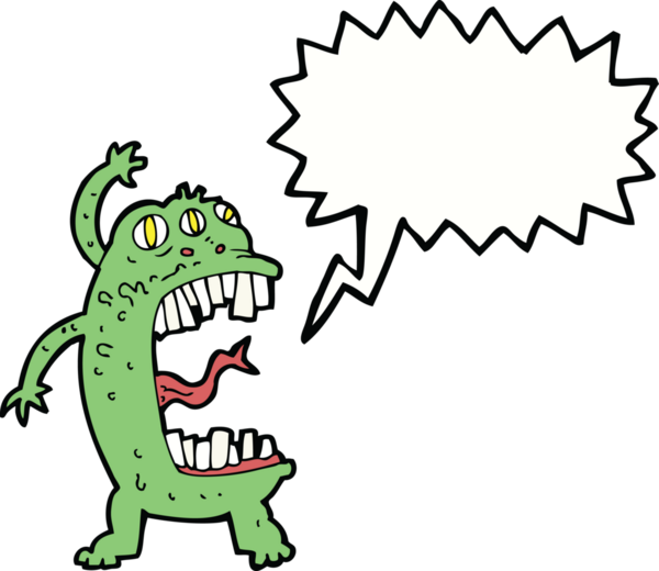 Bir insan tarafından çizilmiş konuşma balonlu çılgın canavar çizgi filmi.