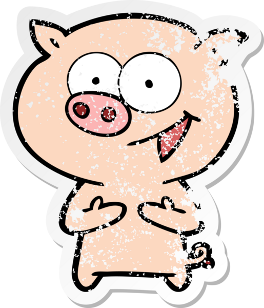 Bir insan tarafından çizilmiş neşeli bir domuz çizgi filminin hüzünlü çıkartması.