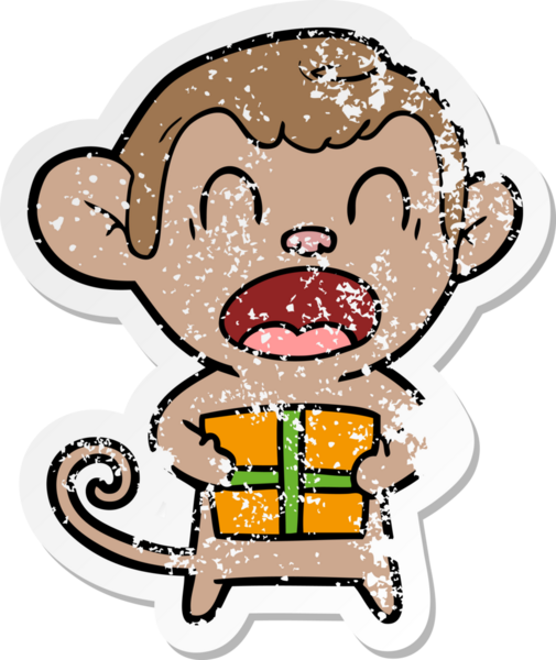 Bir insan tarafından çizilmiş Noel hediyesini taşıyan bağıran çizgi film maymunu çıkartması.