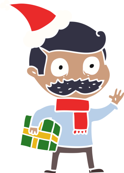 El çizimi düz renk çizimi, bıyıklı ve noel hediyeli bir adamın Noel Baba şapkası giymiş bir insan tarafından çizilmiş.