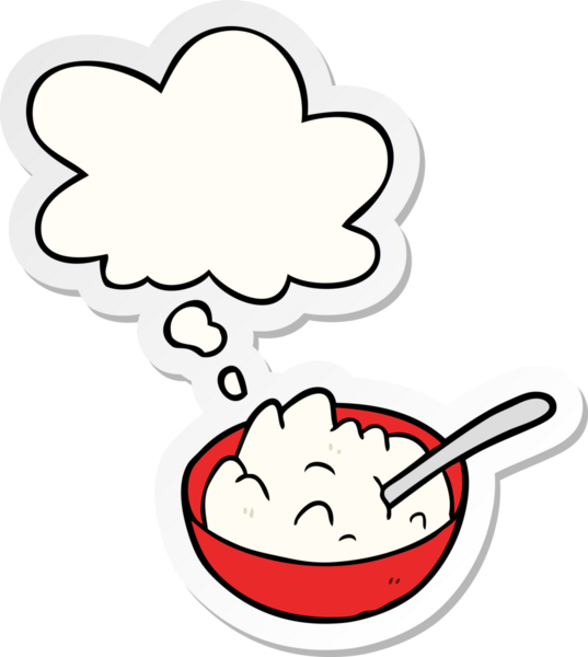 Bir insan tarafından çizilmiş bir çıkartma gibi düşünce baloncuklu lapa kasesi.