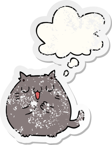 Düşünce baloncuğu olan mutlu çizgi film kedisi bir insan tarafından çizilmiş yıpranmış bir çıkartma.