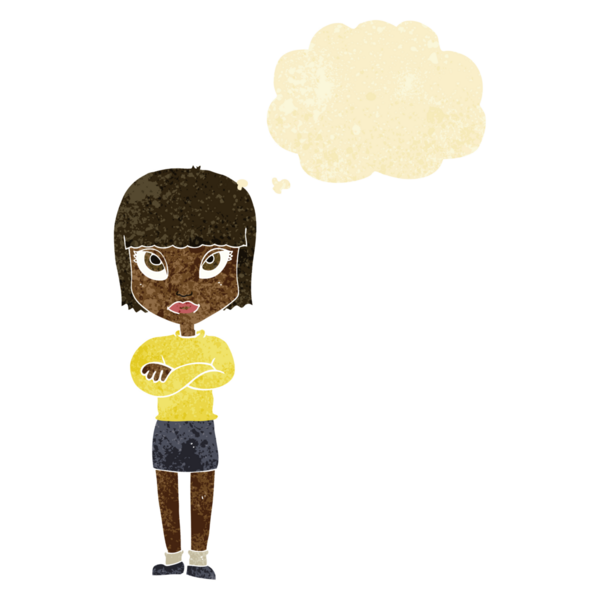 Bir insan tarafından çizilmiş düşünce balonlu çapraz kollu çizgi film kadını.