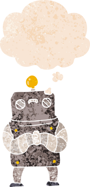 grunge 'da düşünce baloncuğu olan karikatür robotu bir insan tarafından çizilmiş gerilimli retro stil