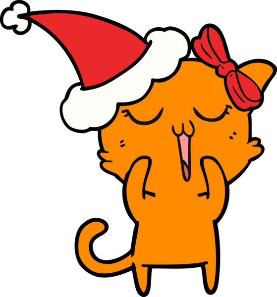 Bir insan tarafından çizilmiş Noel Baba şapkası takan bir kedinin çizimi.