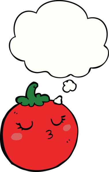Bir insan tarafından çizilmiş düşünce baloncuklu domates.