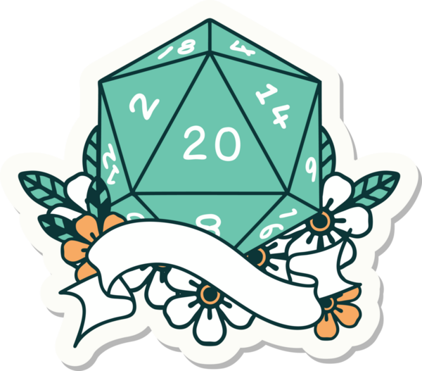 Bir insan tarafından çizilmiş 20 D20 zarının çıkartması.