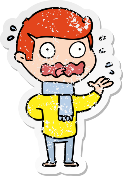 Bir çizgi film karakterinin sıkıntılı çıkartması bir insan tarafından çizilmiş.