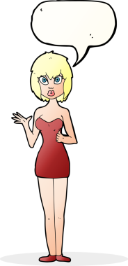 Bir insan tarafından çizilmiş konuşma balonlu kokteyl elbisesi giymiş kafası karışık bir kadın çizgi filmi.