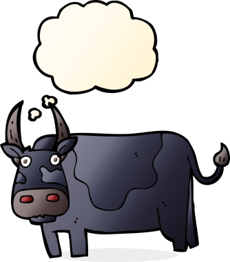 Bir insan tarafından çizilmiş düşünce baloncuklu çizgi film boğası.