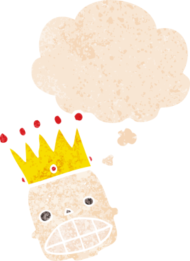 Düşünce baloncuğu ve grunge ile taçlandırılmış karikatür ürkütücü kafatası insan tarafından çizilmiş eski moda.