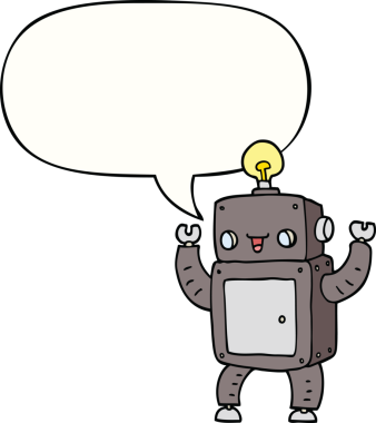 Bir insan tarafından çizilmiş konuşma balonlu mutlu robot çizgi filmi.