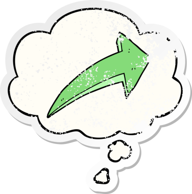 Düşünce baloncuğu olan çizgi film oku bir insan tarafından çizilmiş yıpranmış bir çıkartma gibi.