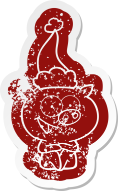 Neşeli oturan domuz çizgi filmi bir insan tarafından çizilmiş Noel Baba şapkasının çıkartması.