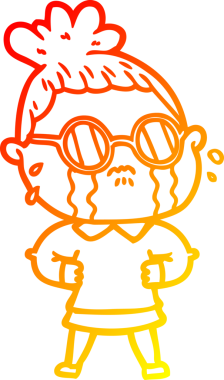 Bir insan tarafından çizilmiş gözlüklü, ağlayan bir kadının çizgi film çizimi.