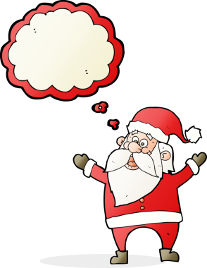 Bir insan tarafından çizilmiş düşünce baloncuklu Noel Baba çizgi filmi.