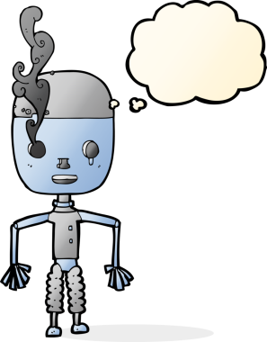 Bir insan tarafından çizilmiş düşünce baloncuklu çizgi film robotu