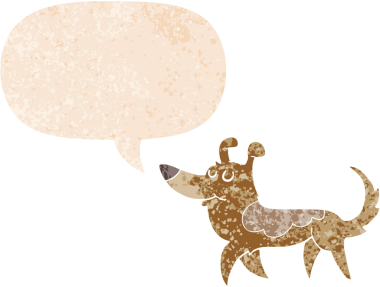 Bir insan tarafından çizilmiş grunge dertli retro tarzı konuşma baloncuğu ile çizgi film köpeği