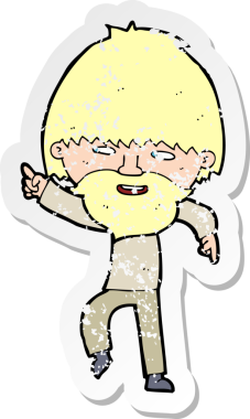 Çizgi film sakallı bir adamın retro sıkıntılı çıkartması bir insan tarafından çizilmiş ve çizilmiş.