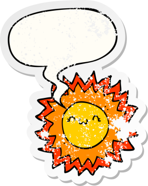 Konuşma baloncuğu olan karikatür güneşi bir insan tarafından çizilmiş sıkıntılı eski bir çıkartma