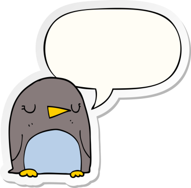 Bir insan tarafından çizilmiş konuşma balonu çıkartmalı penguen çizgi filmi.