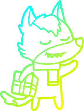 Bir insan tarafından çizilmiş Noel hediyesini taşıyan dost canlısı bir kurdun soğuk gradyan çizimi