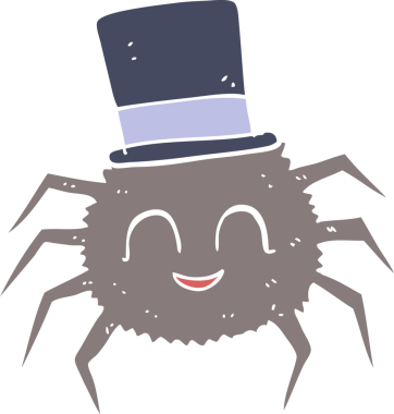 Bir insan tarafından çizilmiş silindir şapka giyen örümceğin düz renk çizimi