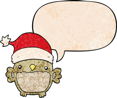 Bir insan tarafından çizilmiş geçmişe dönük konuşma baloncuklu şirin noel baykuşu.