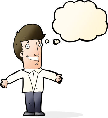 Bir insan tarafından çizilmiş düşünce baloncuğuyla kollarını açmış sırıtan çizgi film adamı.